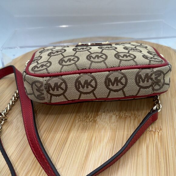 Michael Kors Tan Monogram Mini Crossbody Bag Red Leather Trim Chain Strap - Picture 9 of 12